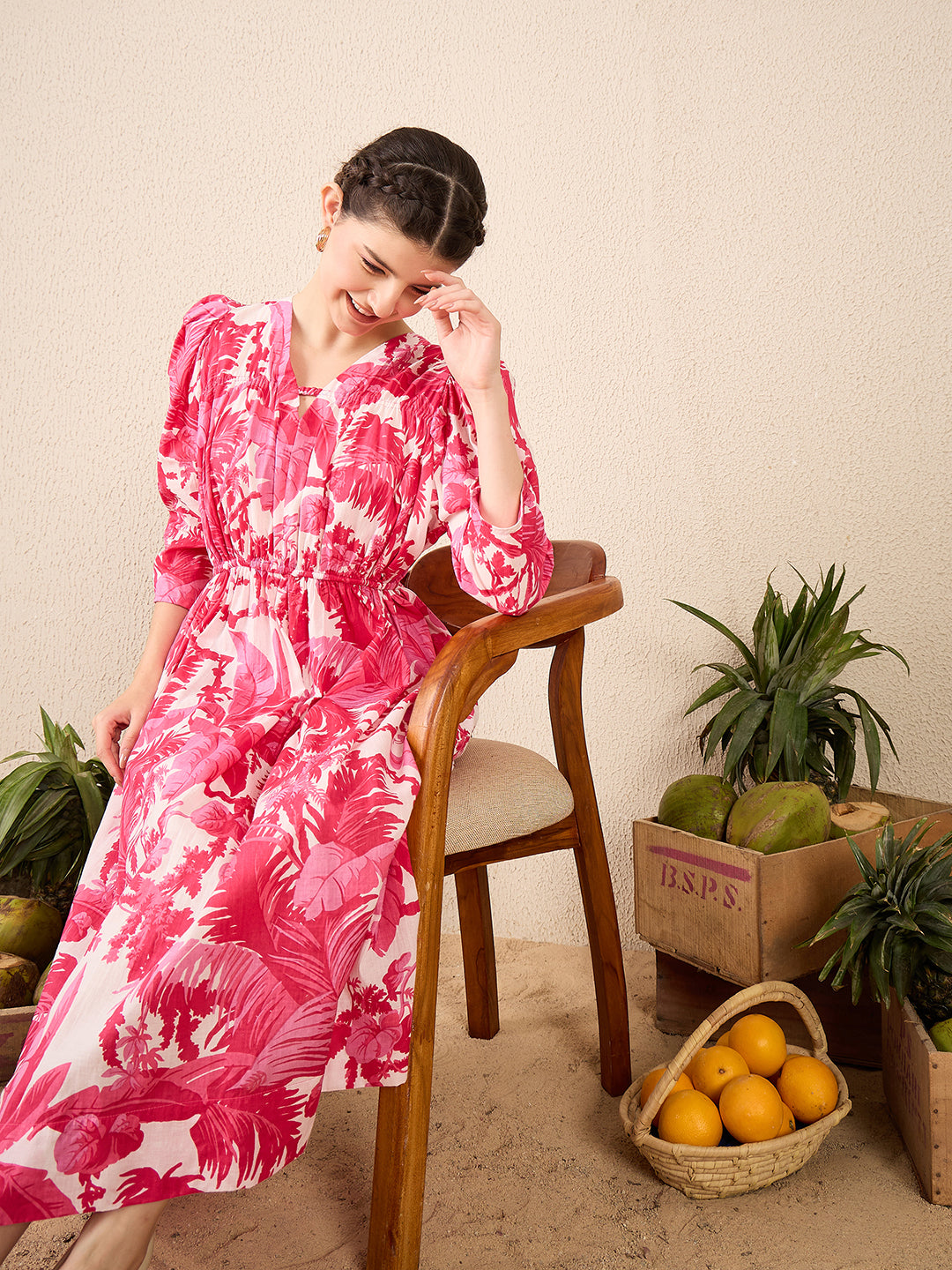 Puffed Sleeve Cotton Midi Dress - Uptownie