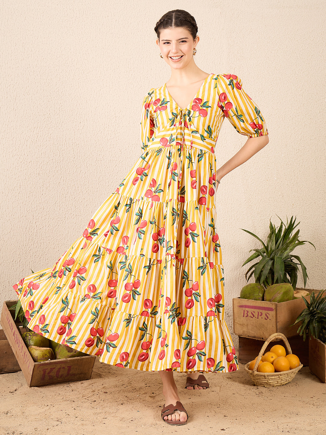 Cotton Neck Tie Up Tiered Maxi Dress - Uptownie