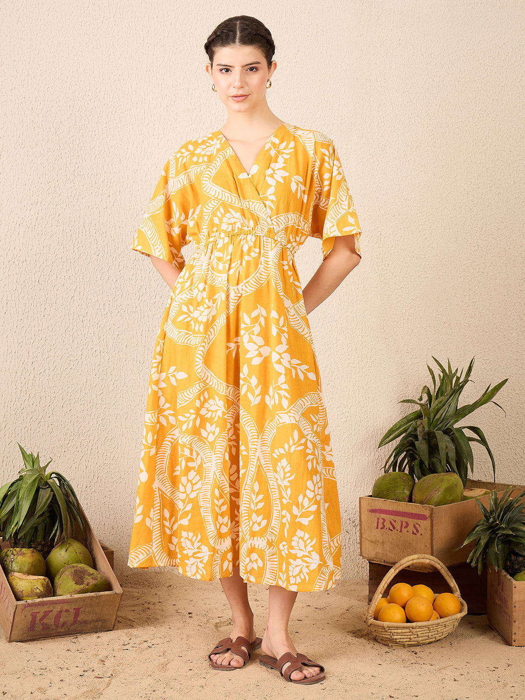 V-neck Cotton Midi Dress - Uptownie