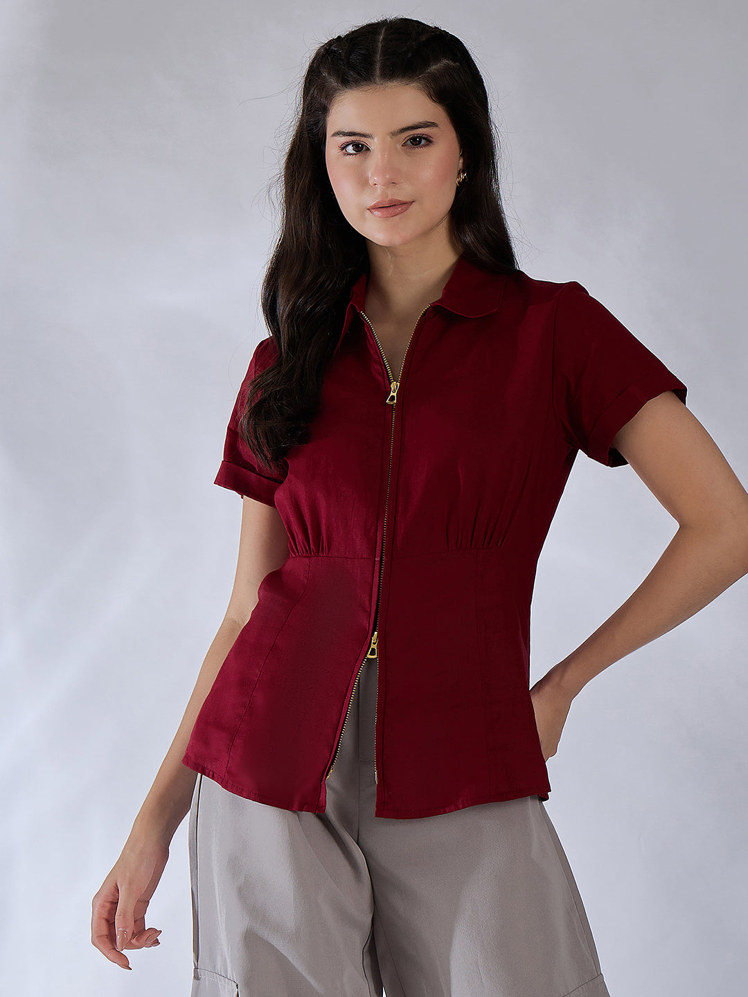 Zip-Through Fitted Cotton Top - Uptownie