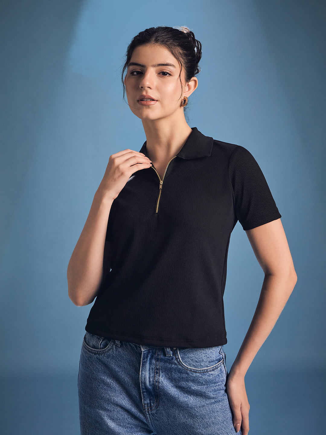 Front Zip Up Ribbed Top - Uptownie
