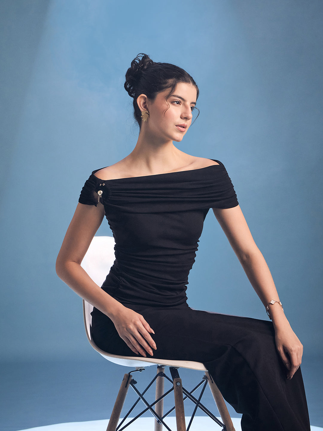 Ring Accent Off Shoulder Ruched Maxi Dress