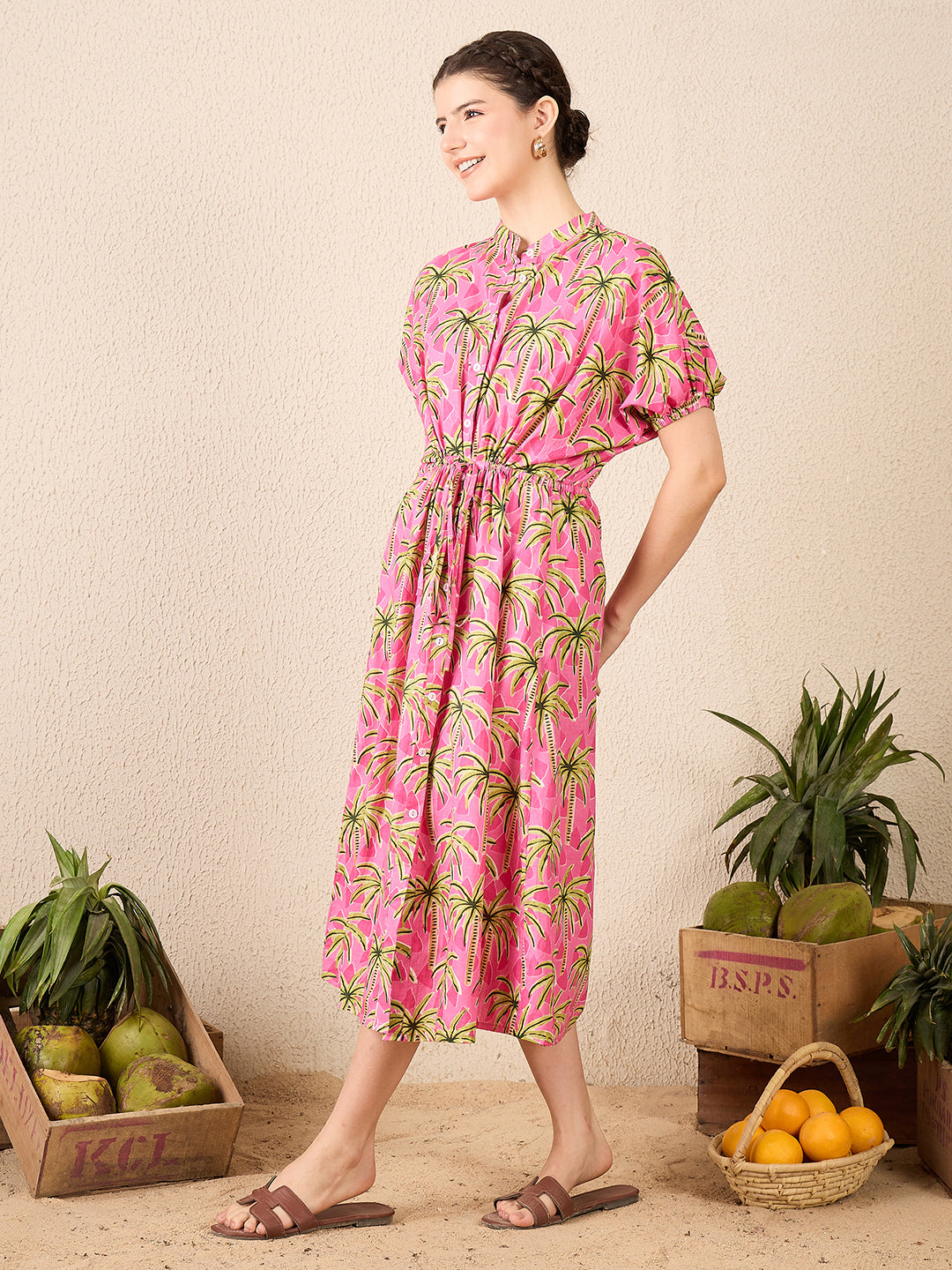 Cotton Side Waist Tie-Up Midi Dress - Uptownie