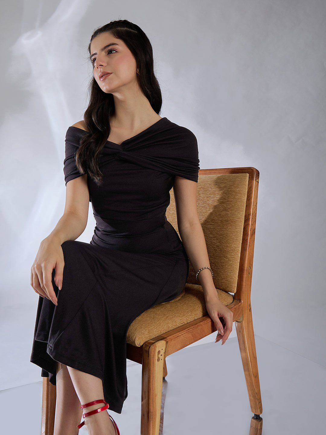 Off Shoulder Fit & Flare Midi Dress - Uptownie