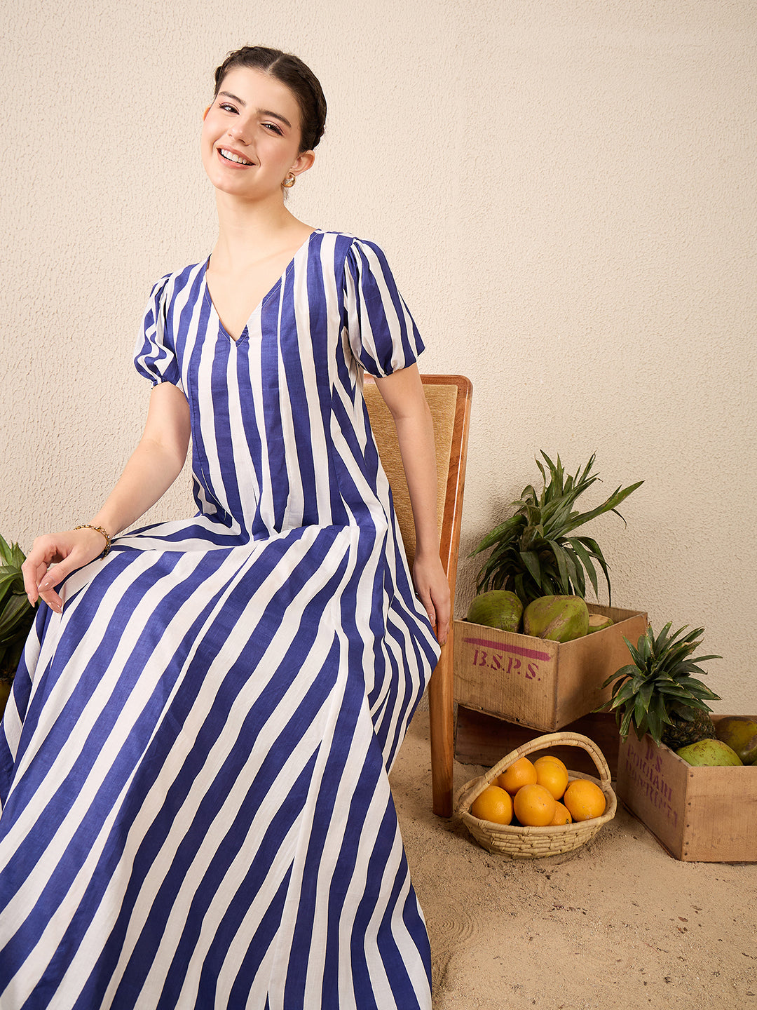 Puff Sleeve A-Line Cotton Maxi Dress - Uptownie