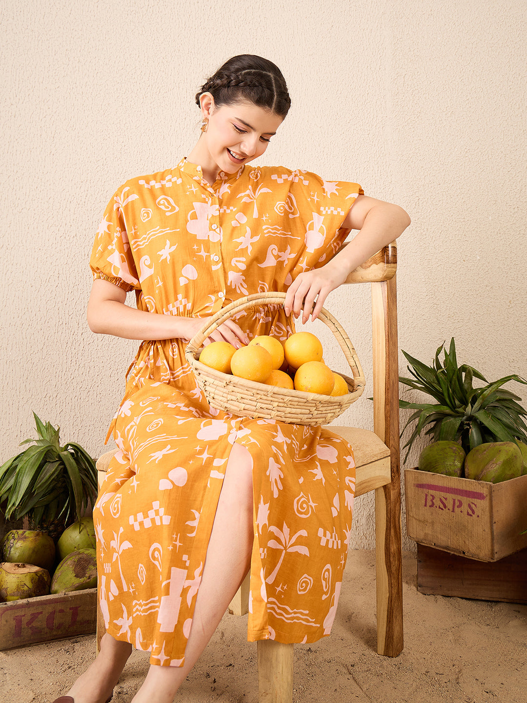 Cotton Side Waist Tie-Up Midi Dress - Uptownie