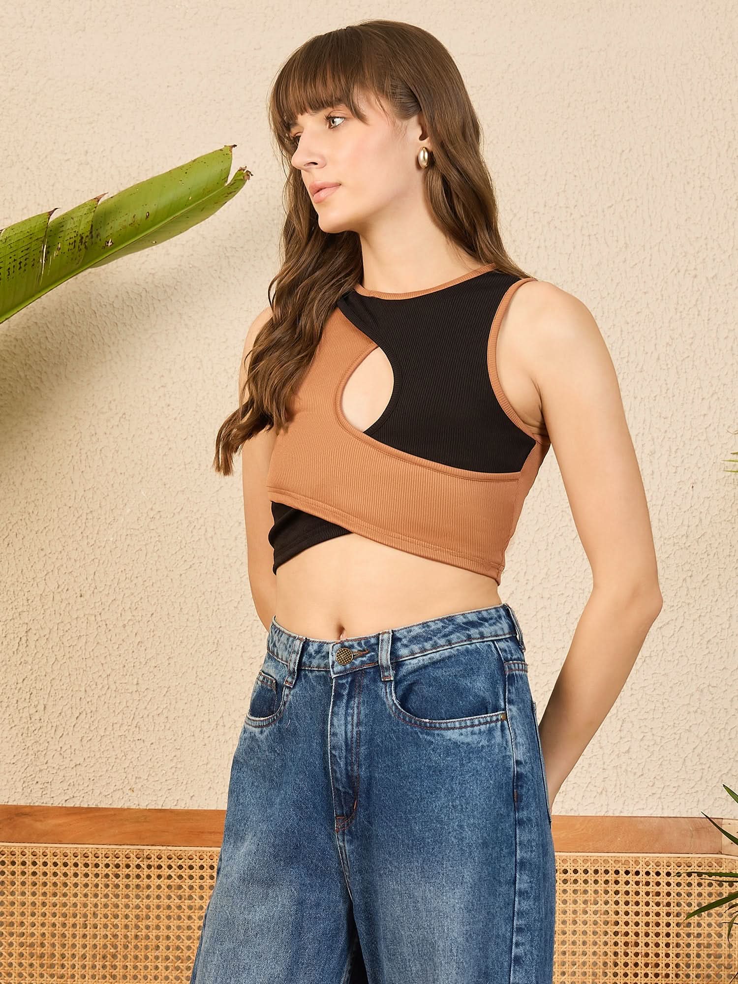 Dual Color Cutout Ribbed Top - Uptownie