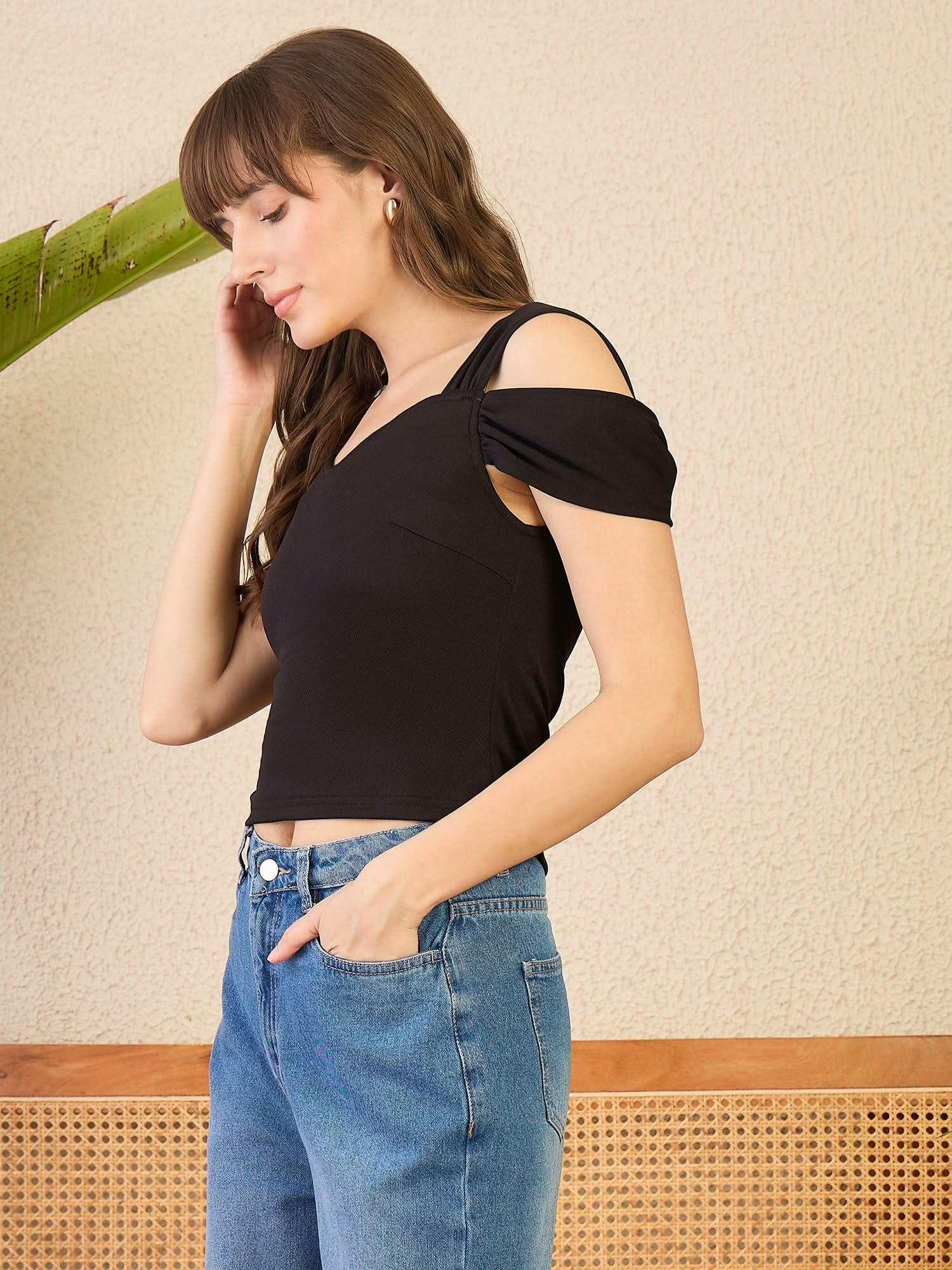 Stretchable Cold Shoulder Fitted Top - Uptownie