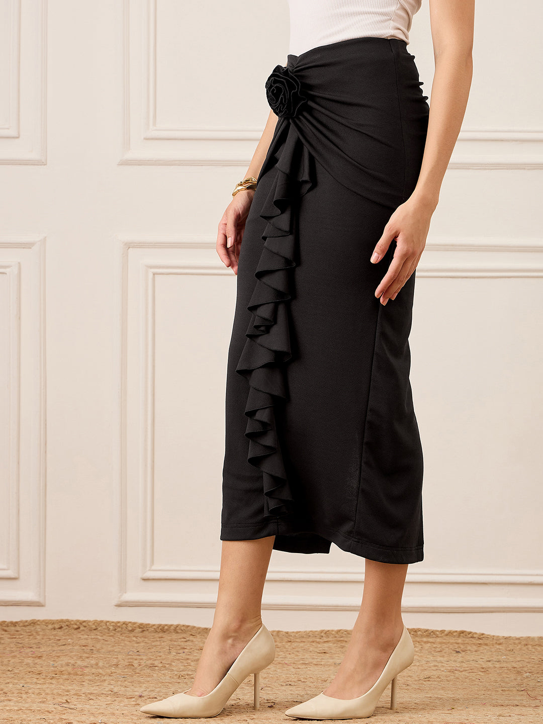 Stretchable Ruffle Rosette Midi Skirt - Uptownie