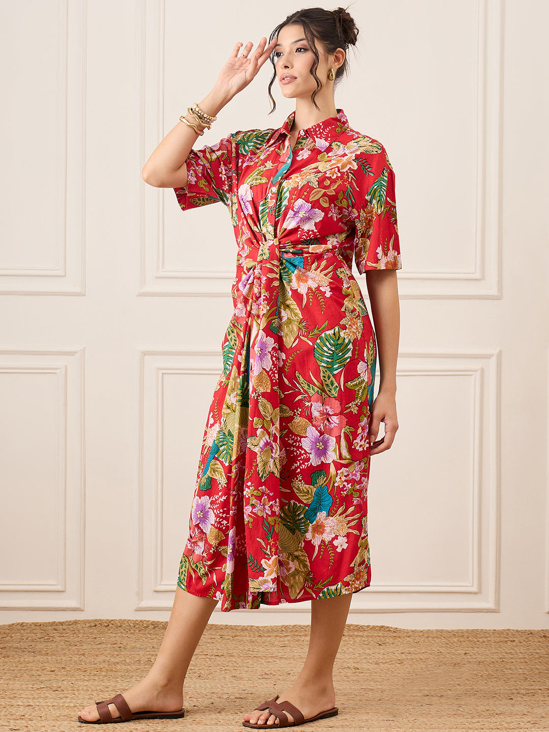 Cotton Twisted Shirt Midi Dress - Uptownie