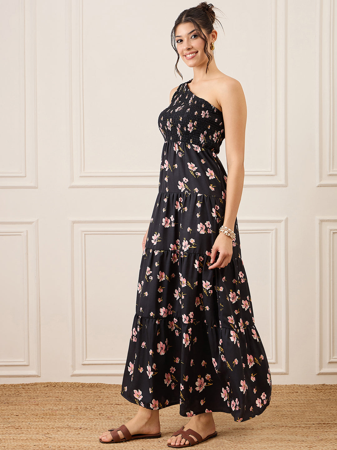 One Shoulder Smocked Maxi Dress - Uptownie