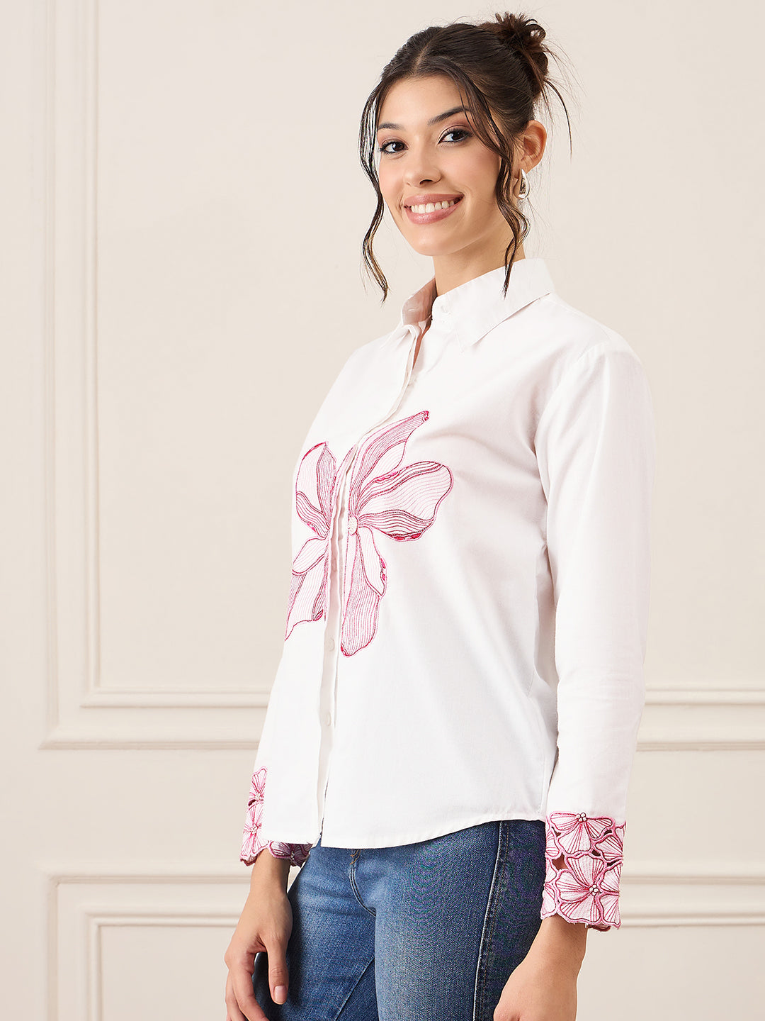 Floral Embroidered Full Sleeve Cotton Shirt - Uptownie