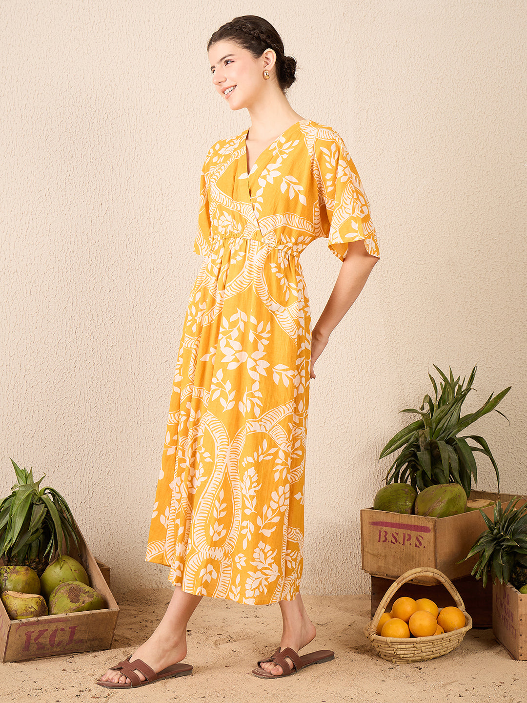 V-neck Cotton Midi Dress - Uptownie
