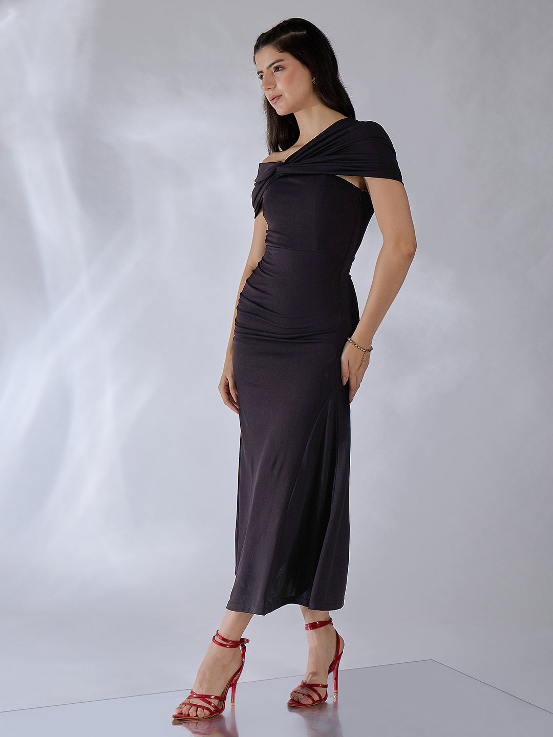 Off Shoulder Fit & Flare Midi Dress - Uptownie
