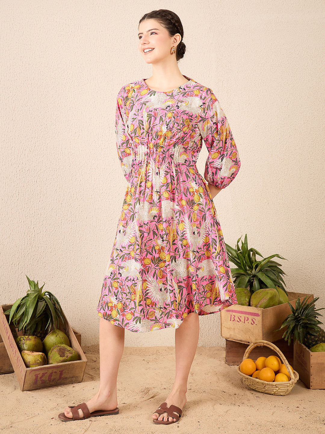 Cotton Midi Dress With Pin Tucks - Uptownie