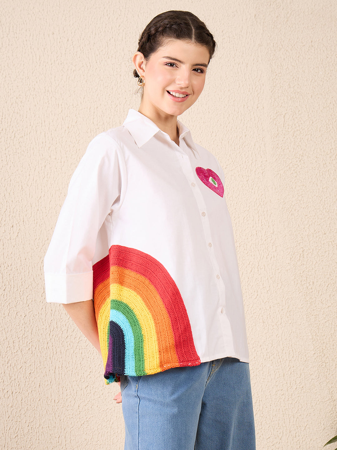 Cotton Boxy Shirt With Rainbow Crochet - Uptownie