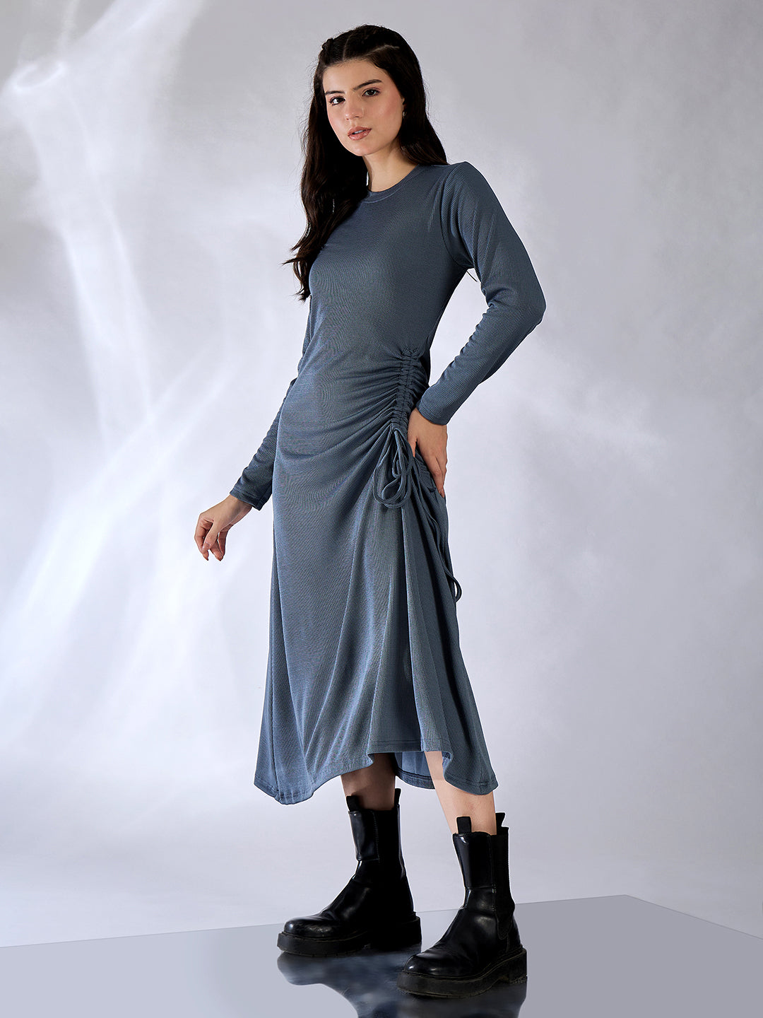 Stretchable Ruched Tie-up Midi Dress - Uptownie