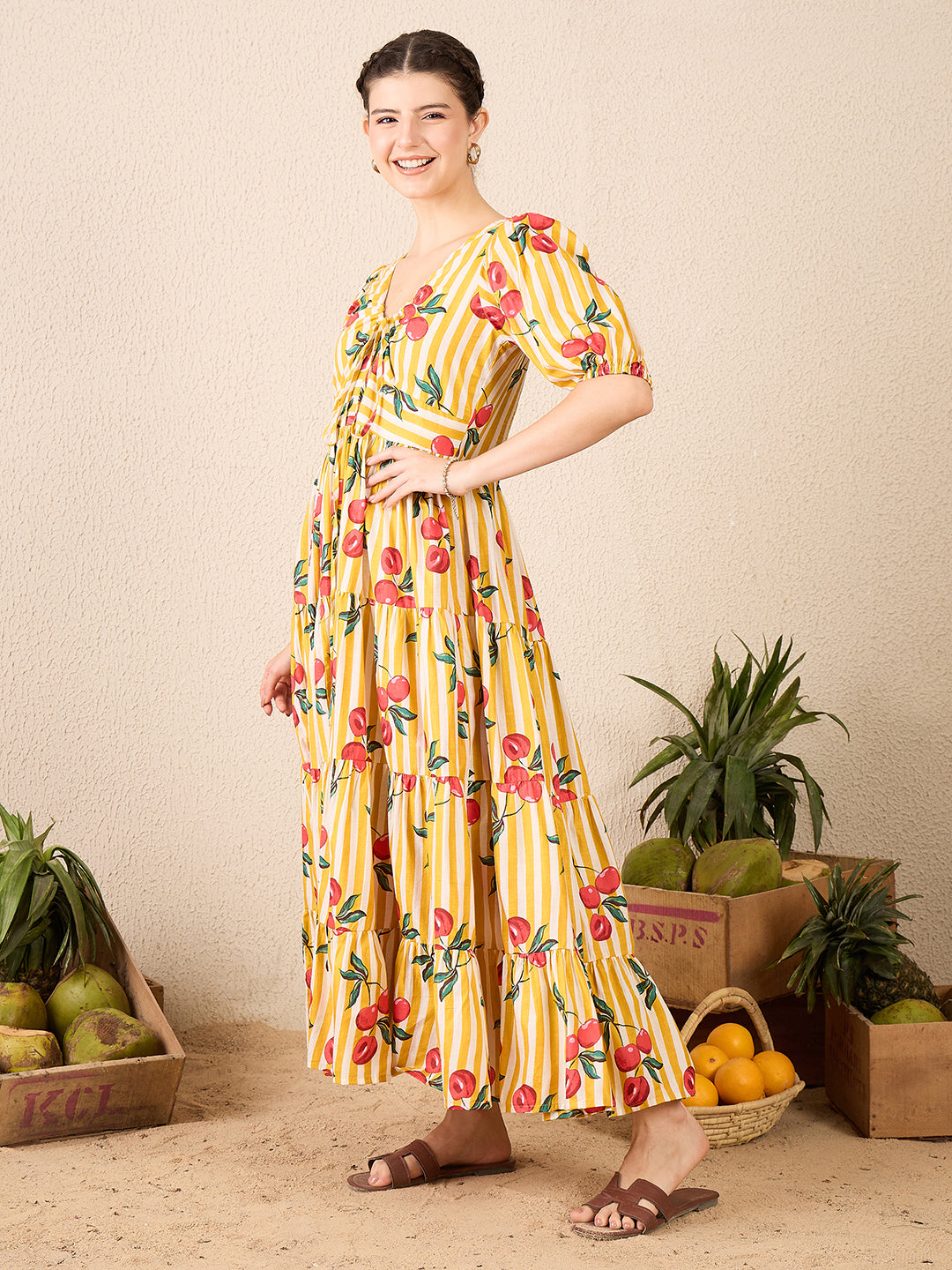 Cotton Neck Tie Up Tiered Maxi Dress - Uptownie