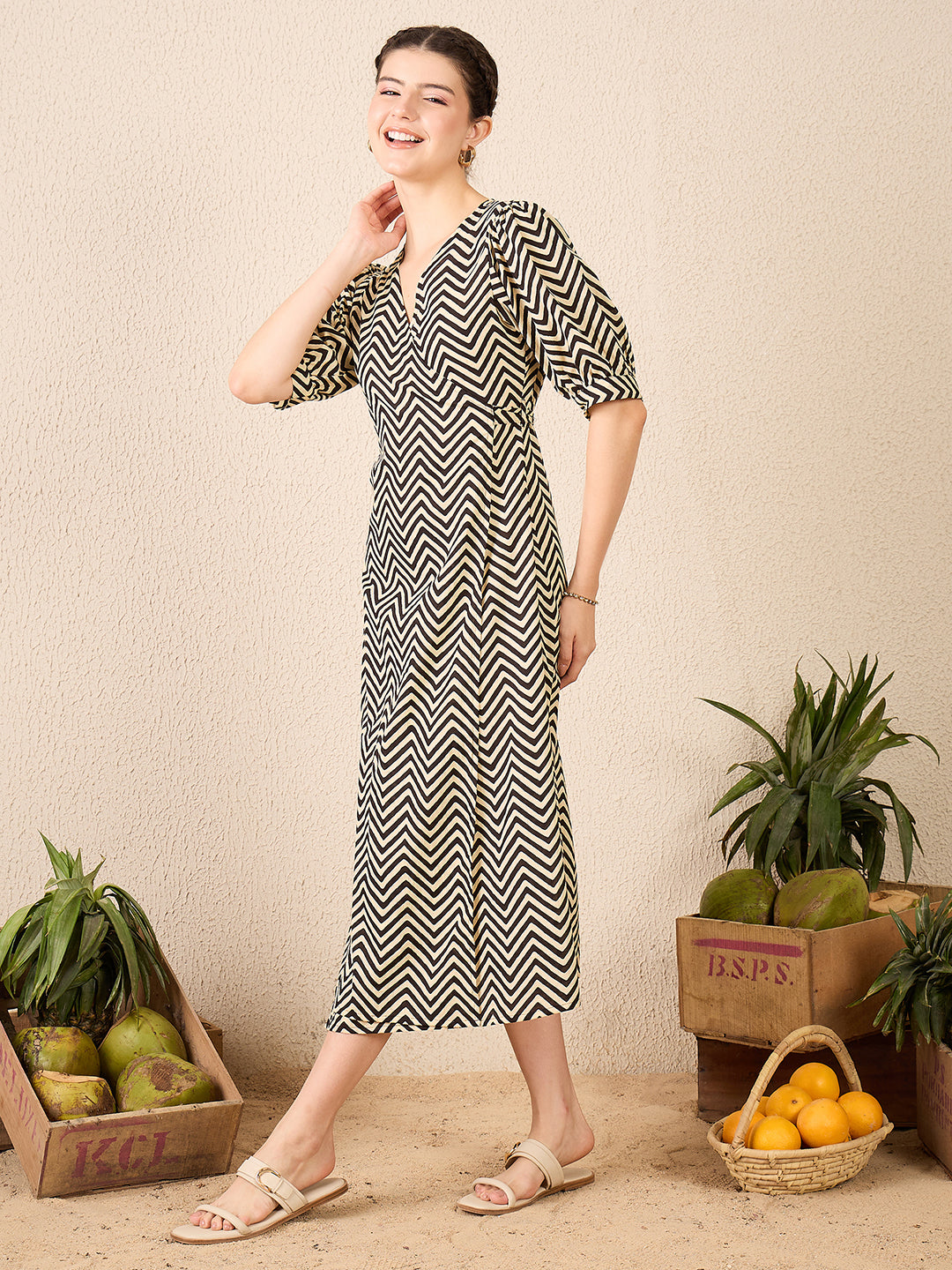 Puff Sleeve Cotton Wrap Midi Dress - Uptownie