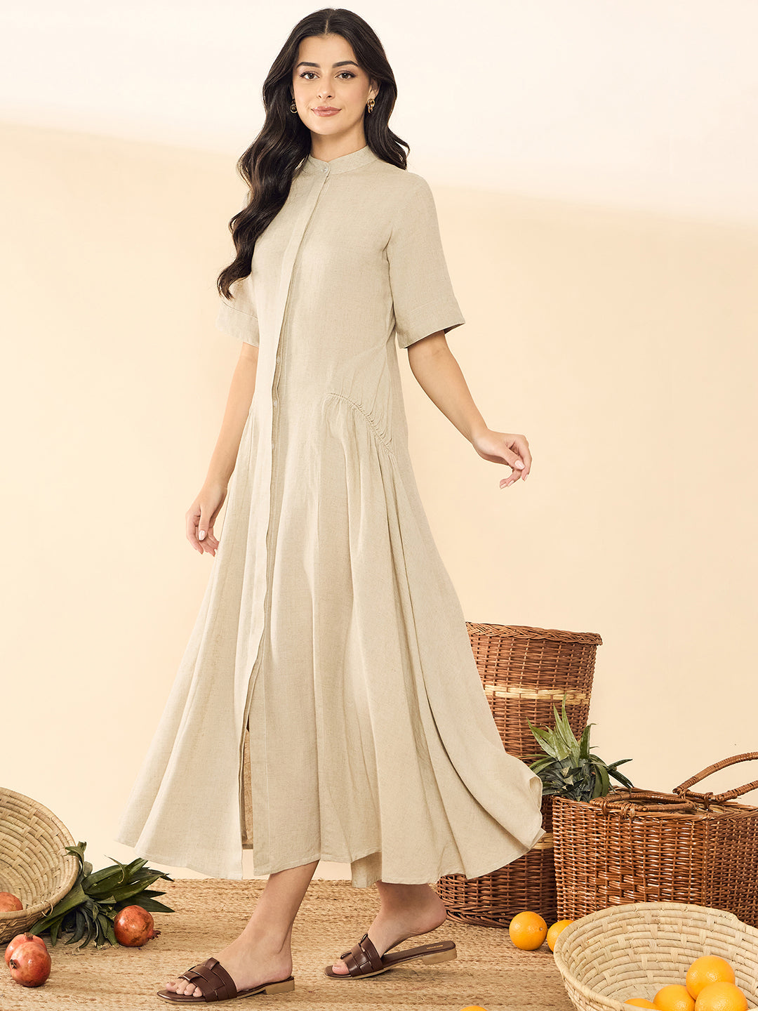 Pure Cotton Shirt Dress With Gathered Detailing - Uptownie