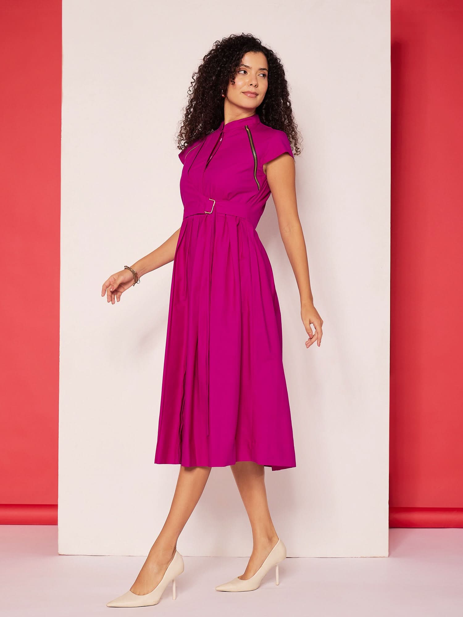 Pleated Cotton Midi Dress With Zipper Detail - Uptownie