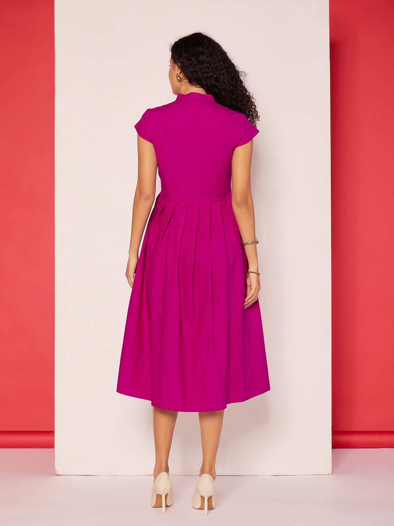 Pleated Cotton Midi Dress With Zipper Detail - Uptownie