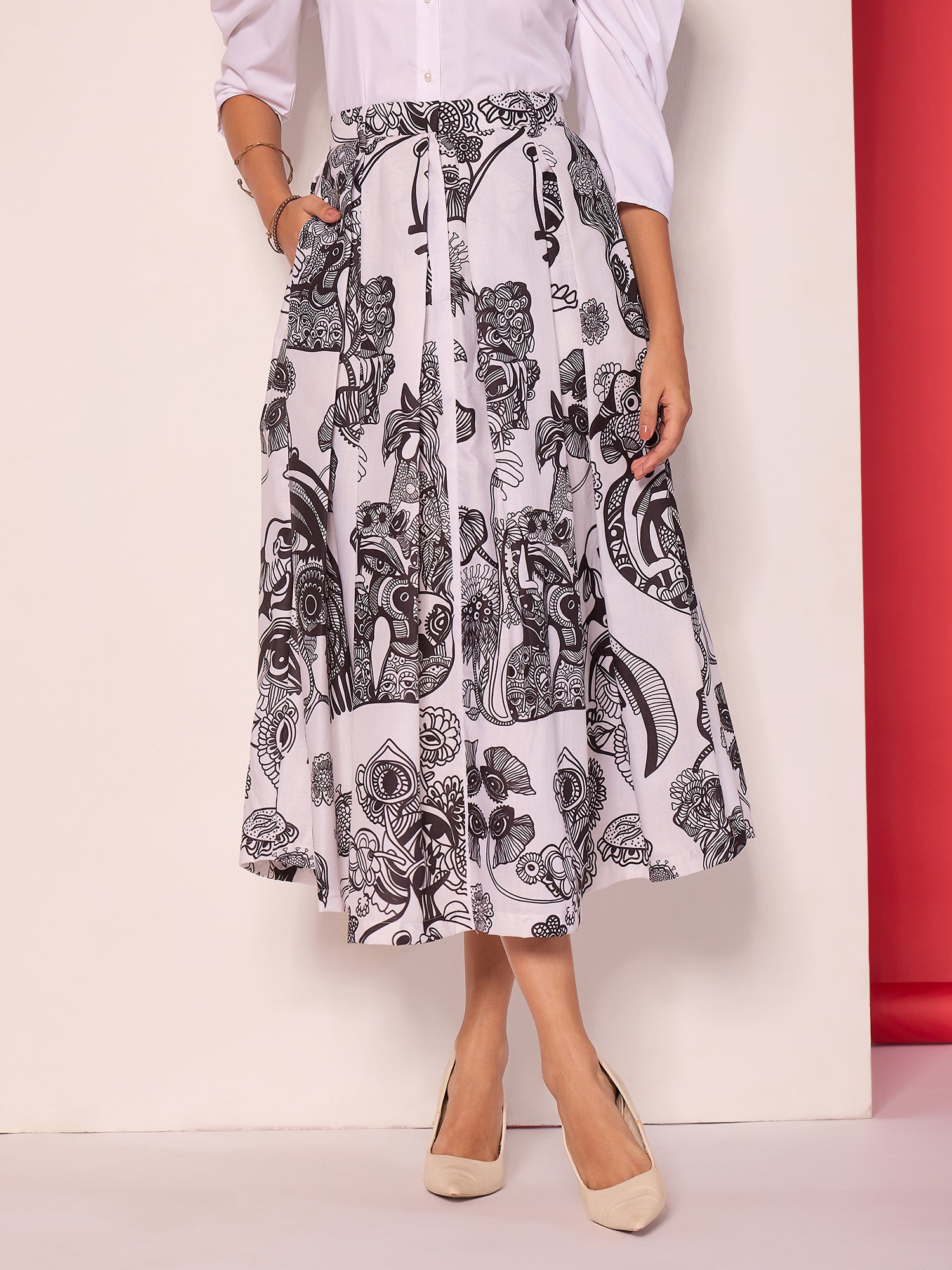 Box Pleated Linen Midi Skirt - Main Image