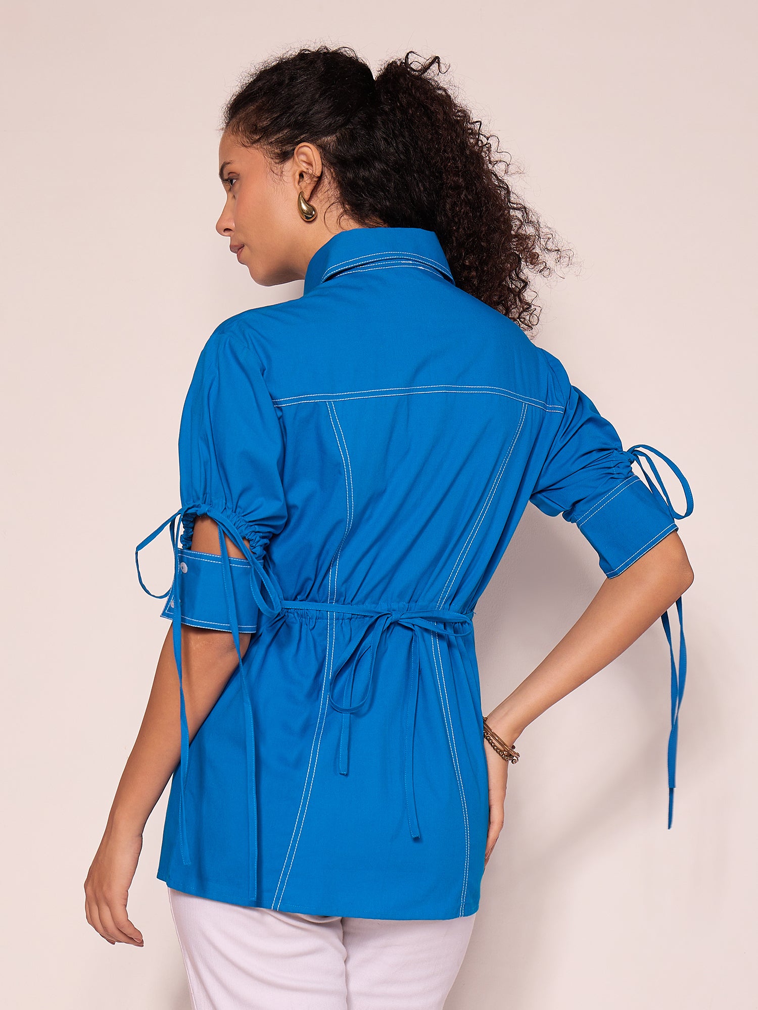 Panelled Cotton Shirt With Tie-Up Sleeves - Uptownie