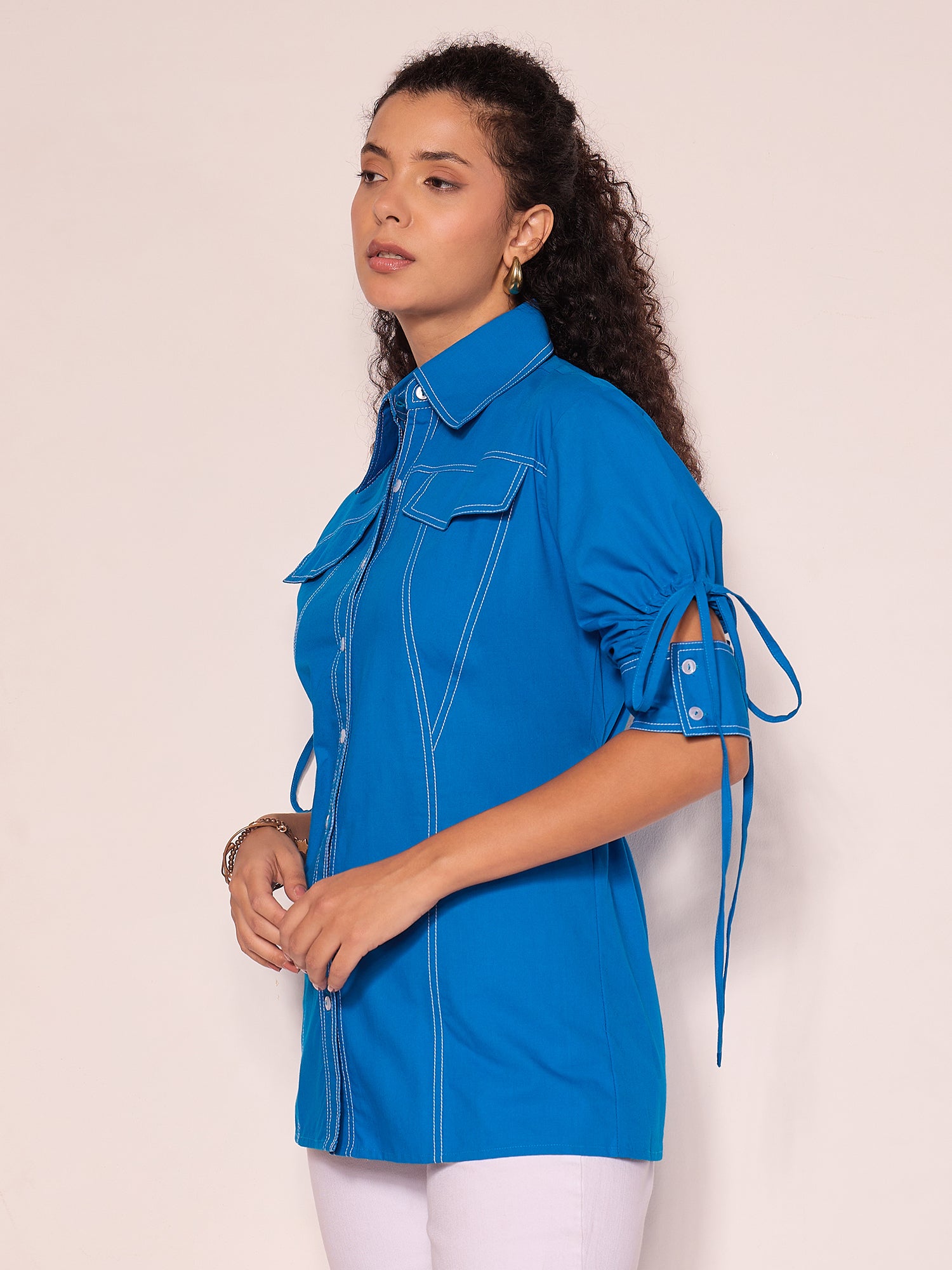 Panelled Cotton Shirt With Tie-Up Sleeves - Uptownie