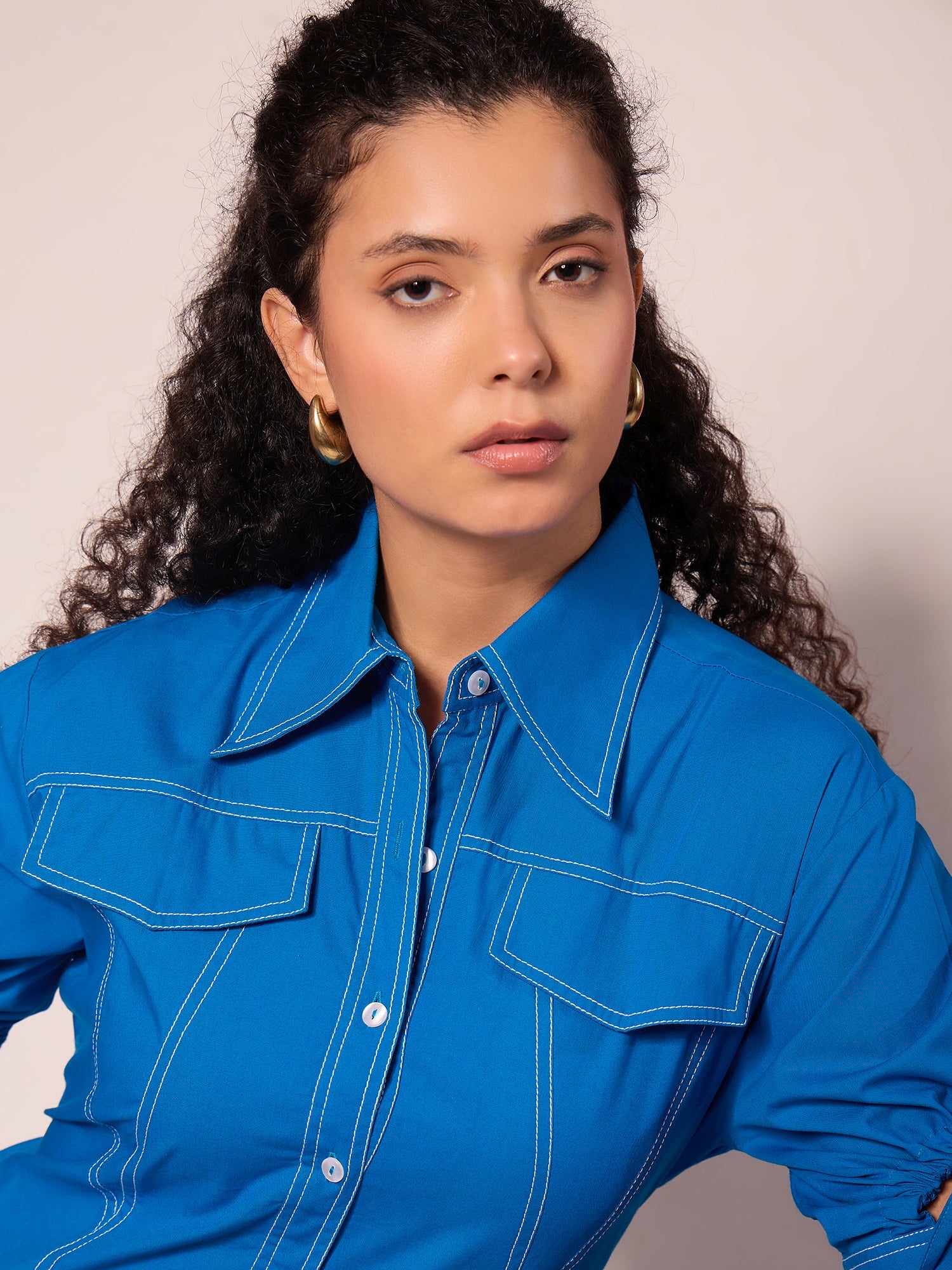 Panelled Cotton Shirt With Tie-Up Sleeves - Uptownie