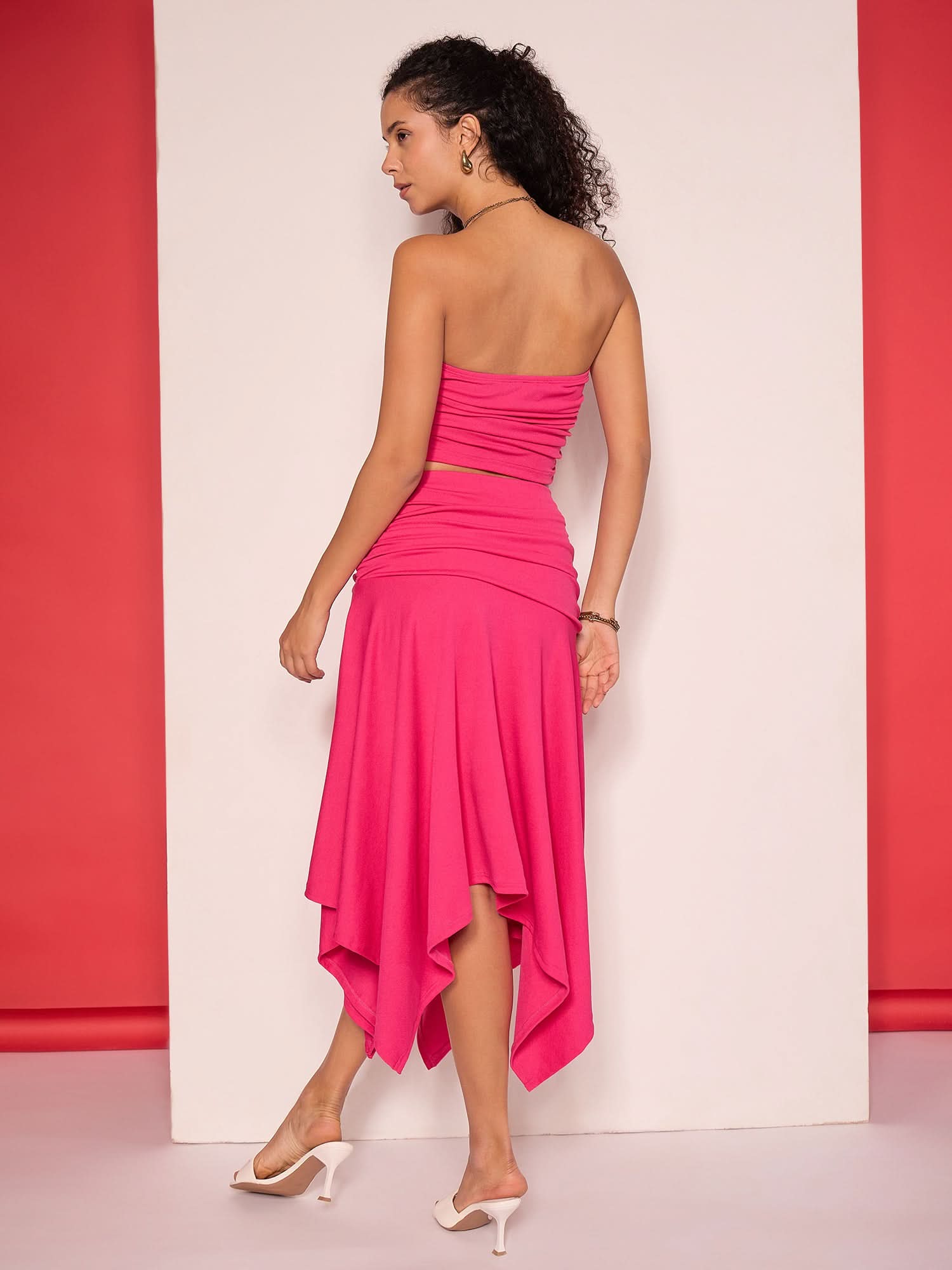 Ruched Bandeau Top With Handkerchief Slit Skirt - Uptownie
