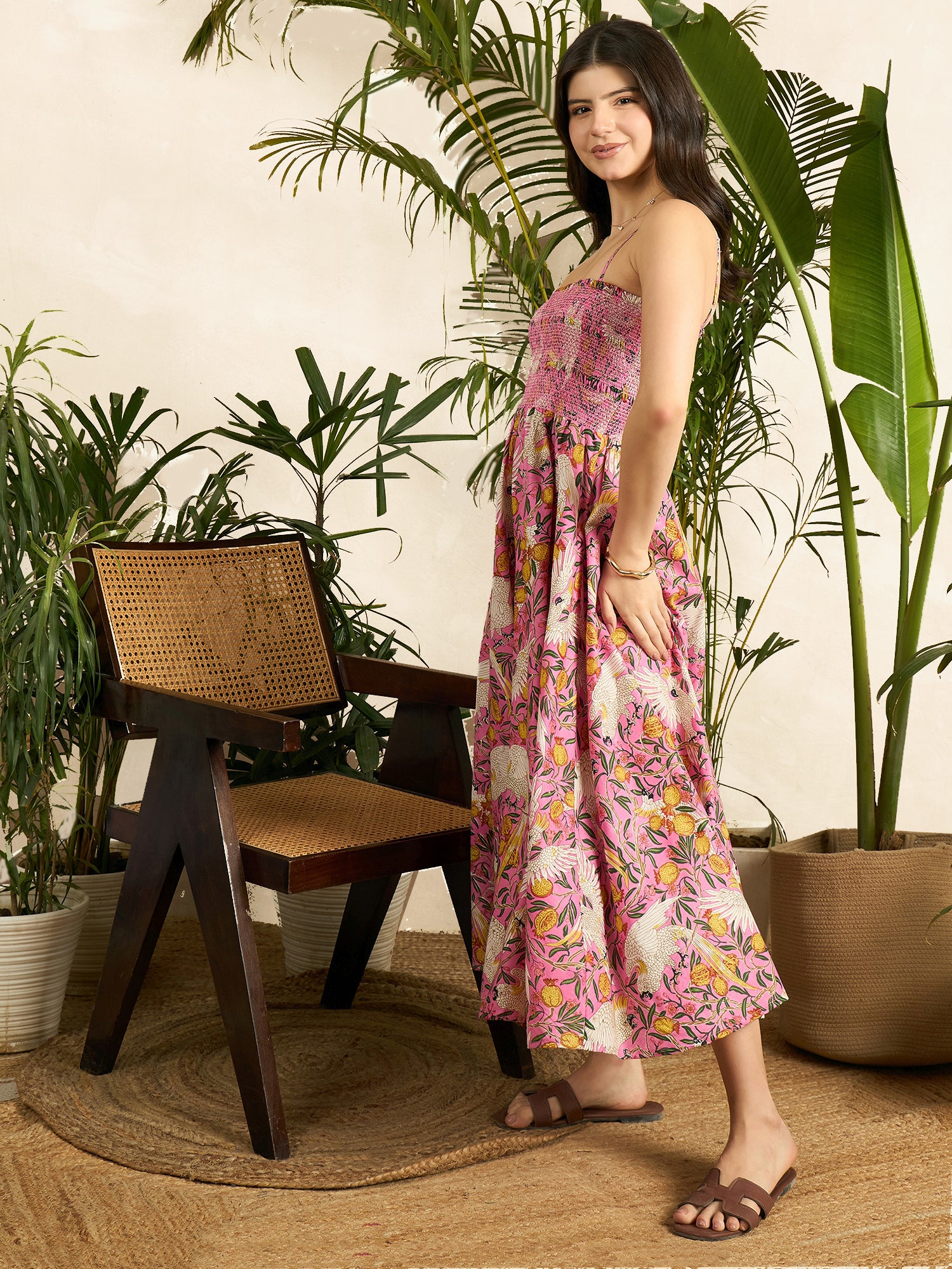 Smocked Strappy Cotton Midi Dress - Uptownie