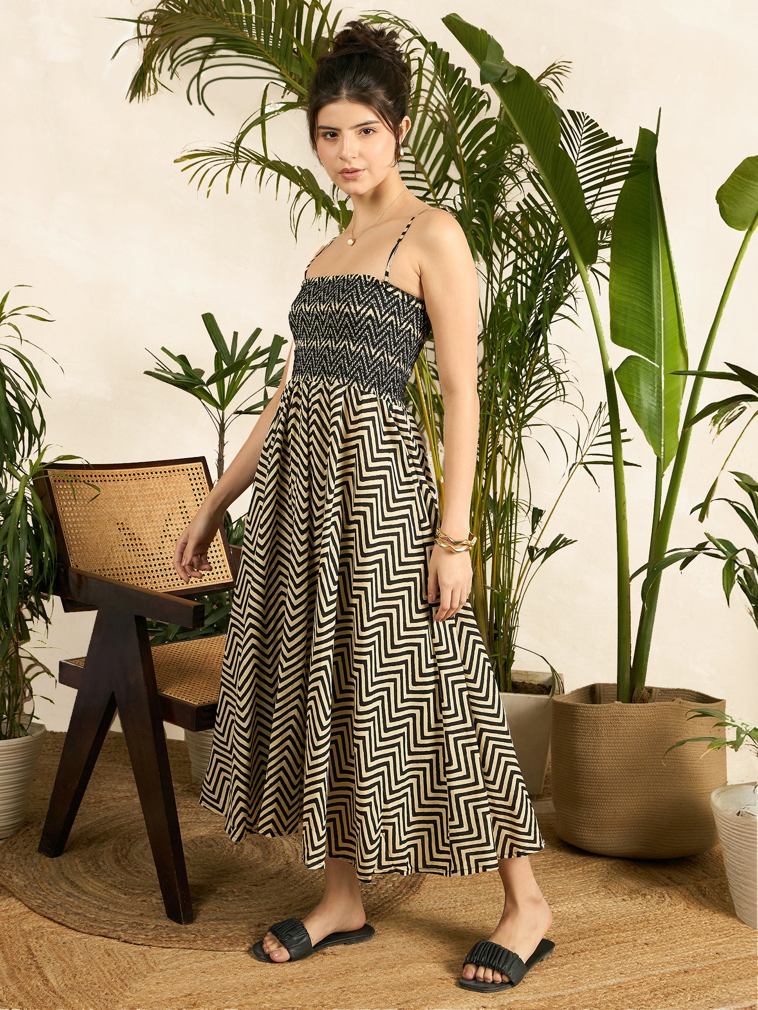 Smocked Strappy Cotton Midi Dress - Uptownie