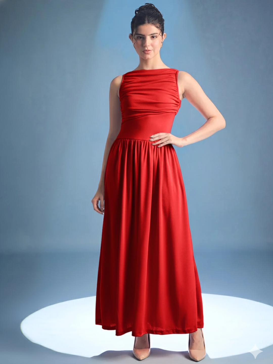 Stretchable Gathered Drop Waist Maxi Dress