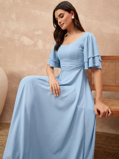Stretchable Ruffled Sleeve Fit & Flare Dress