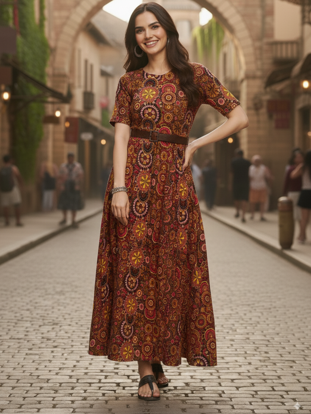 Printed Maxi Dress with Belt - Uptownie
