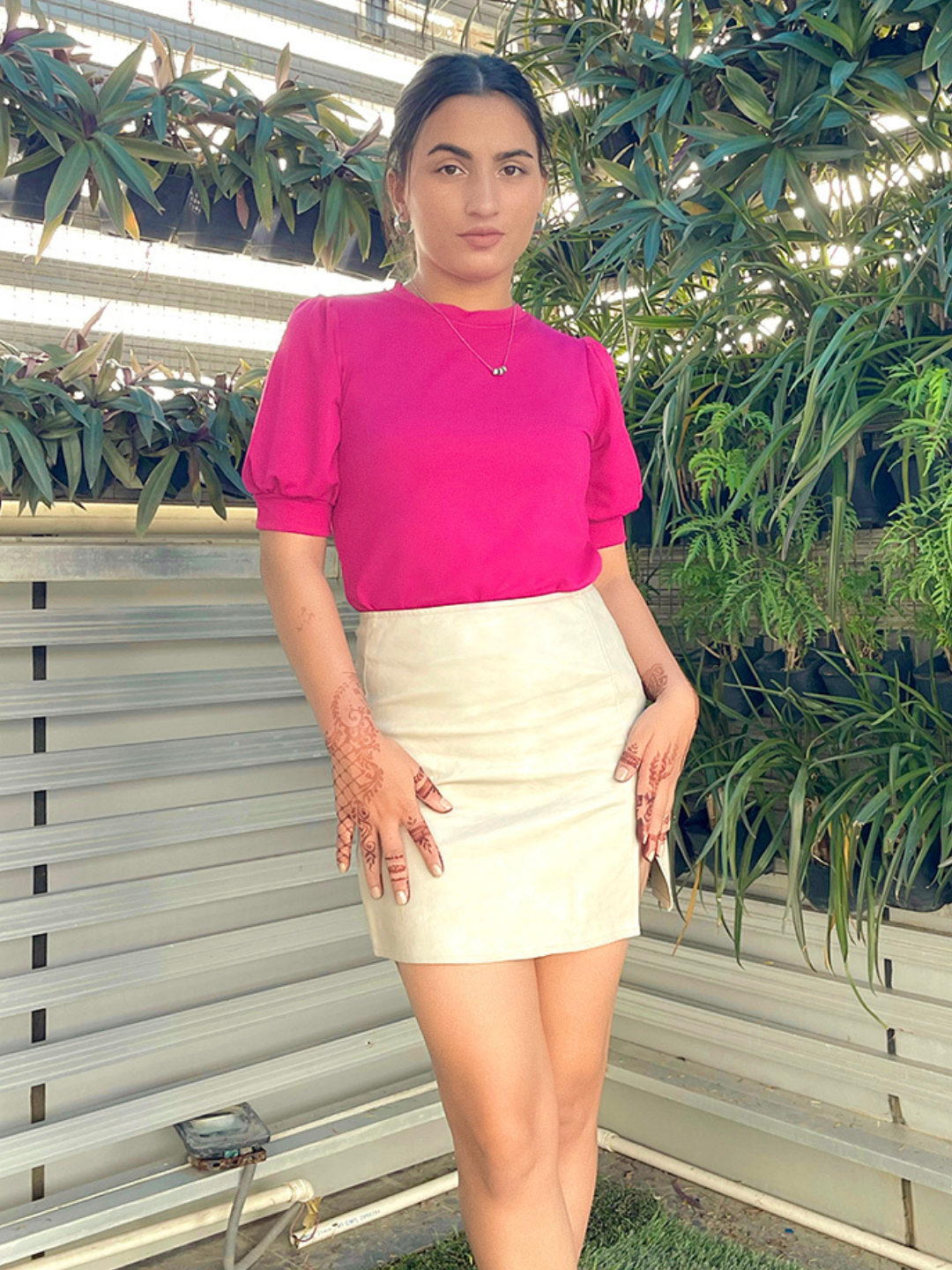 Cotton Solid Stretchable High Neck Puff Sleeve Top - Uptownie