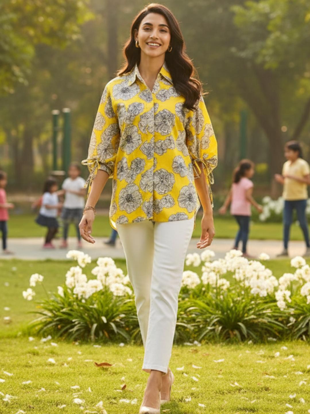 Printed Cotton Shirt with Tie Up Sleeves - Uptownie