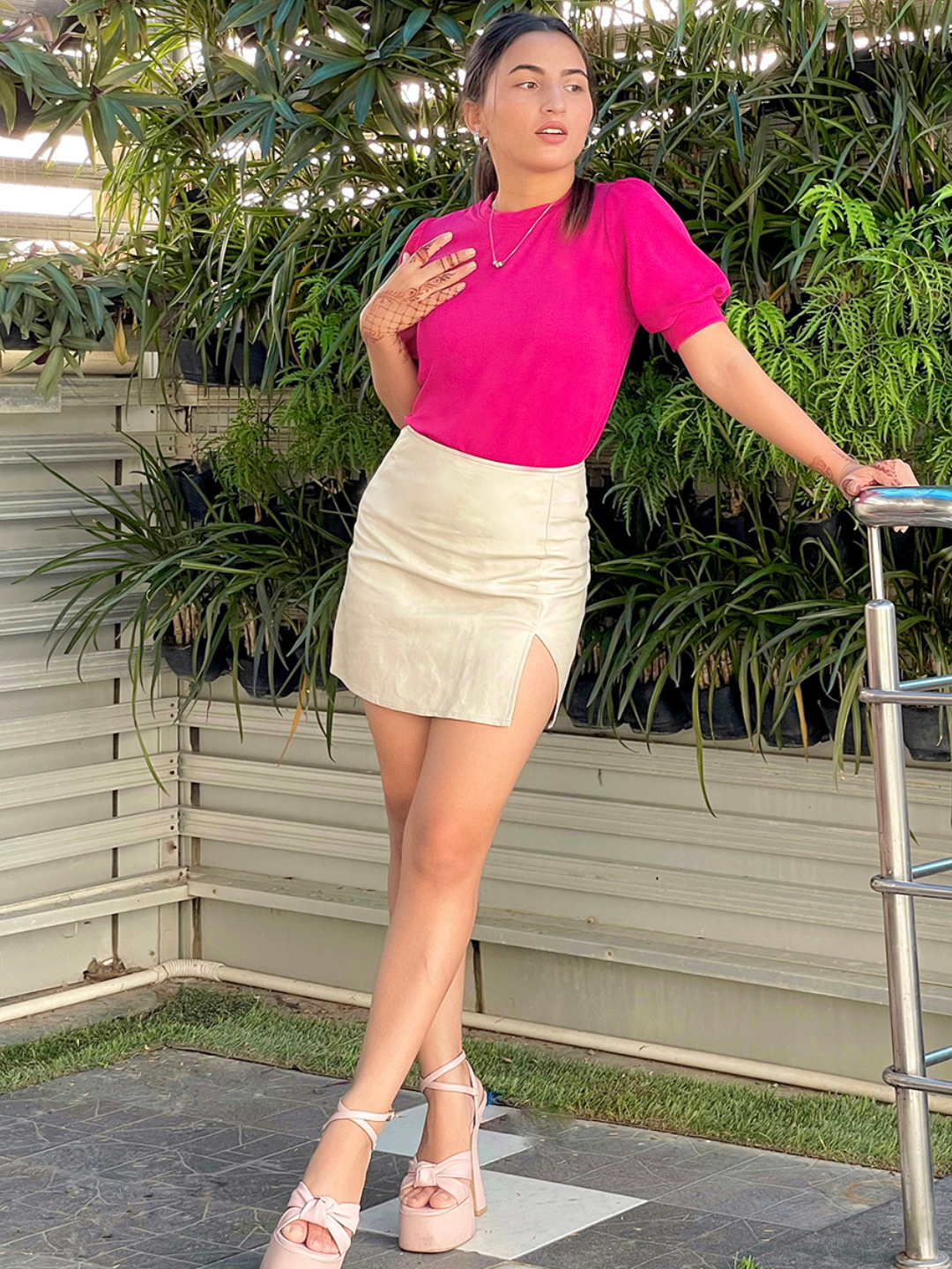 Cotton Solid Stretchable High Neck Puff Sleeve Top - Uptownie