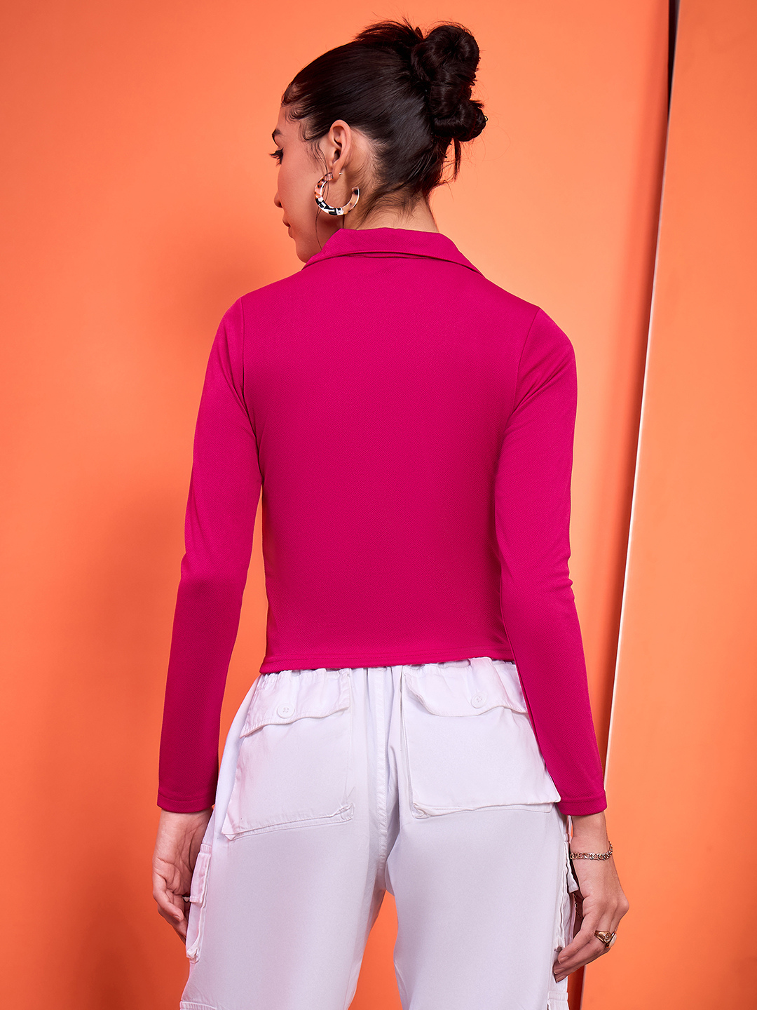 Stretchable Cotton Full Sleeve Collared Top - Uptownie