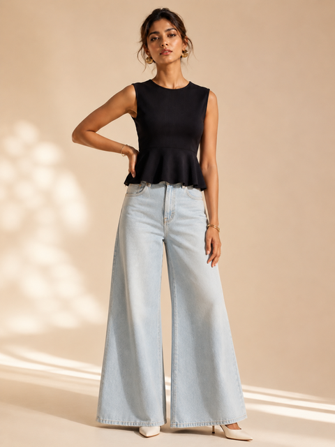 Sleeveless Stretchable Ribbed Flared Peplum Top