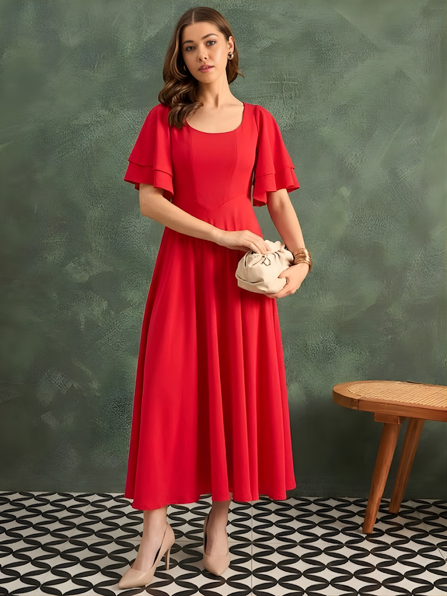 Stretchable Ruffled Sleeve Fit & Flare Dress