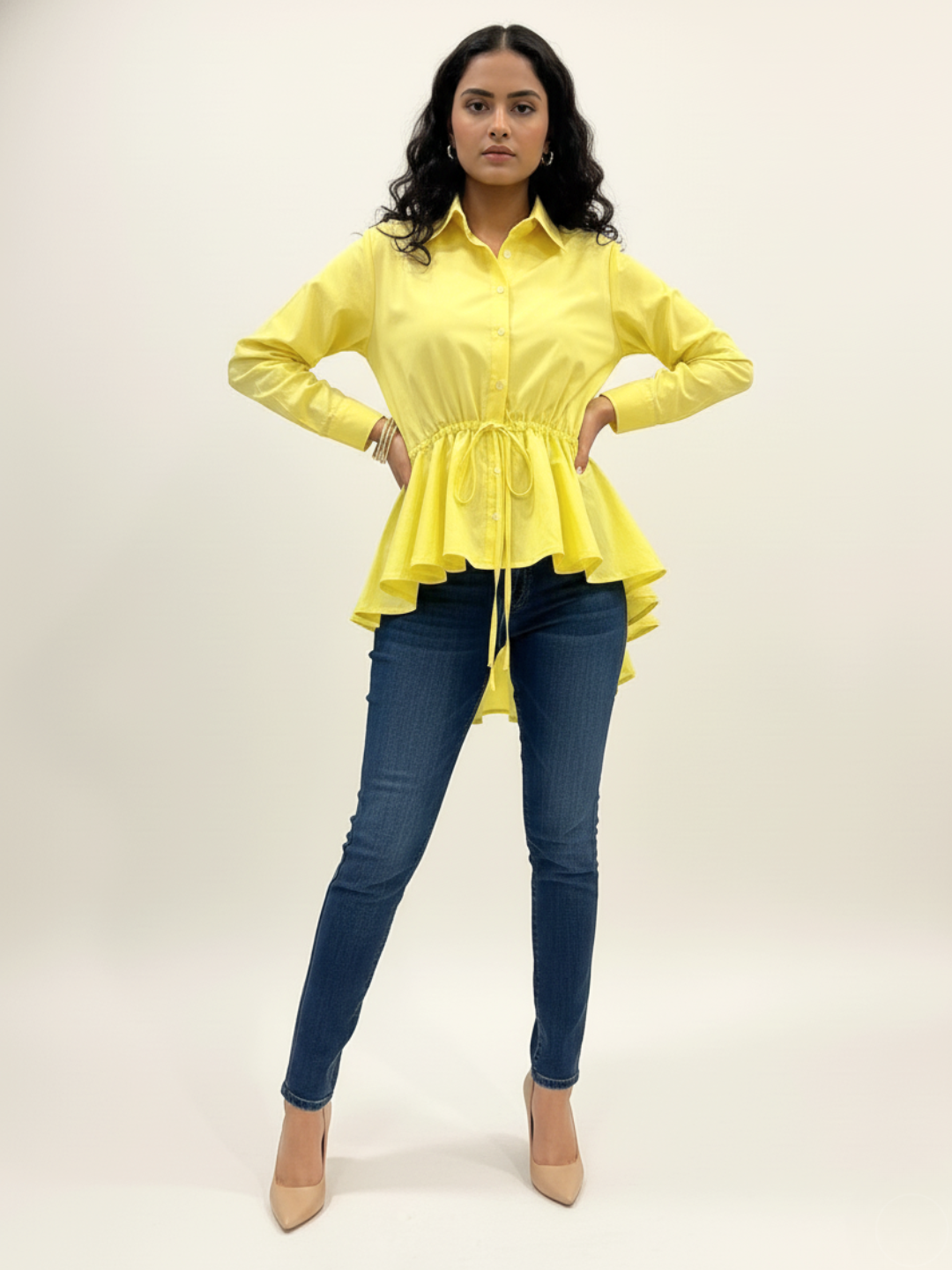 Cotton Drawstring Peplum Shirt