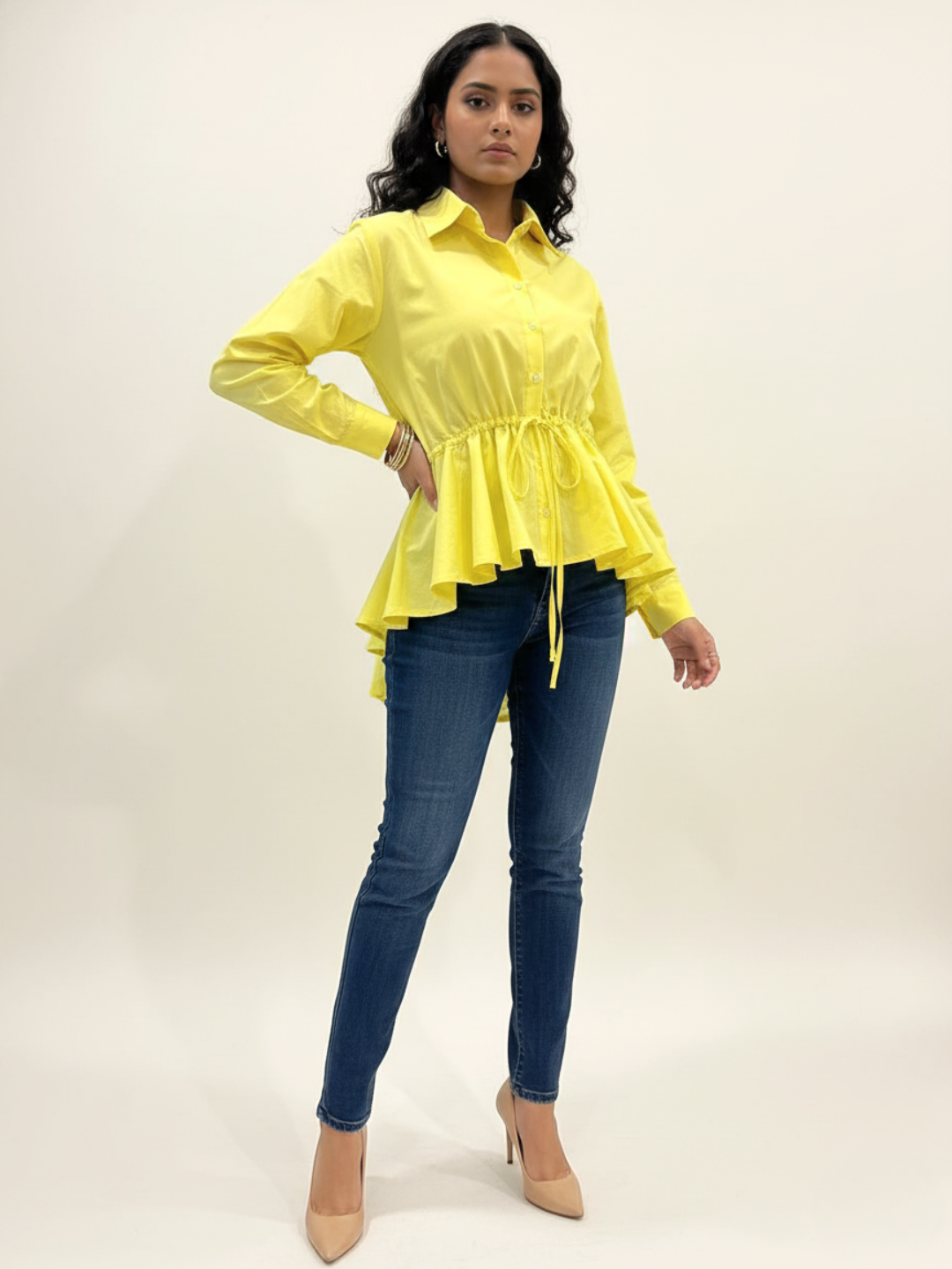 Cotton Drawstring Peplum Shirt