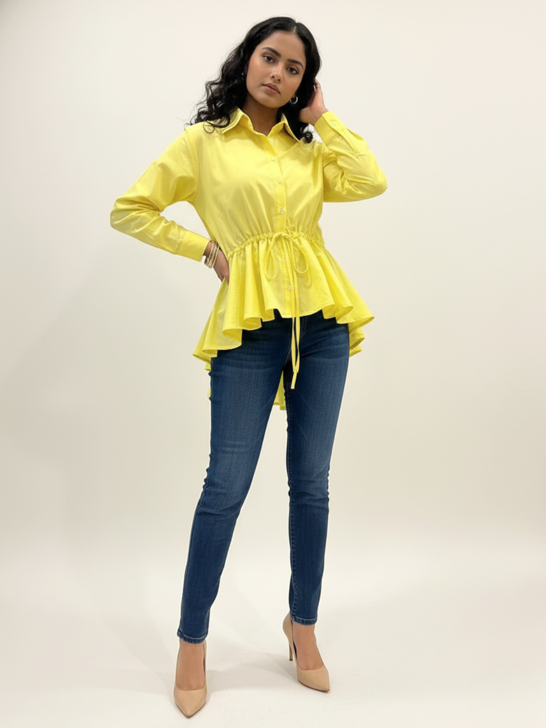 Cotton Drawstring Peplum Shirt
