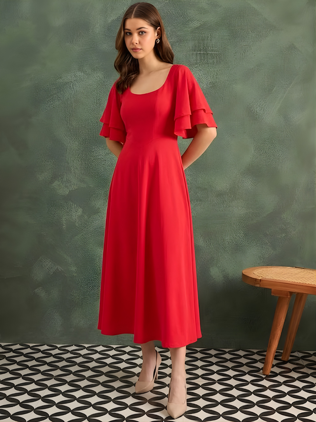 Stretchable Ruffled Sleeve Fit & Flare Dress