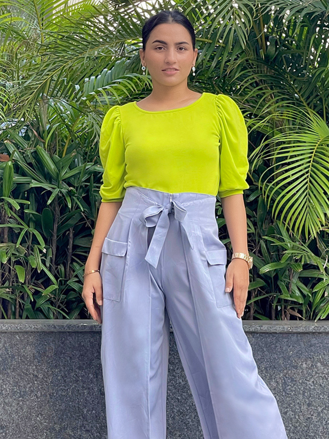 Cotton Solid Stretchable Round Neck Puff Sleeve Top - Uptownie