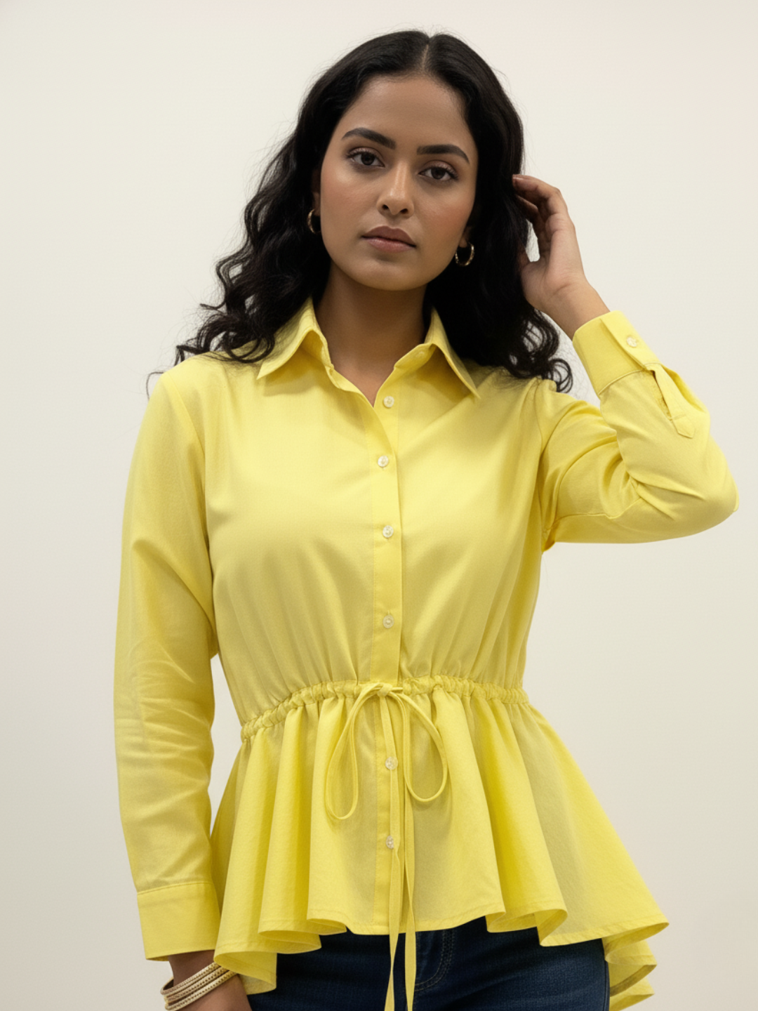 Cotton Drawstring Peplum Shirt