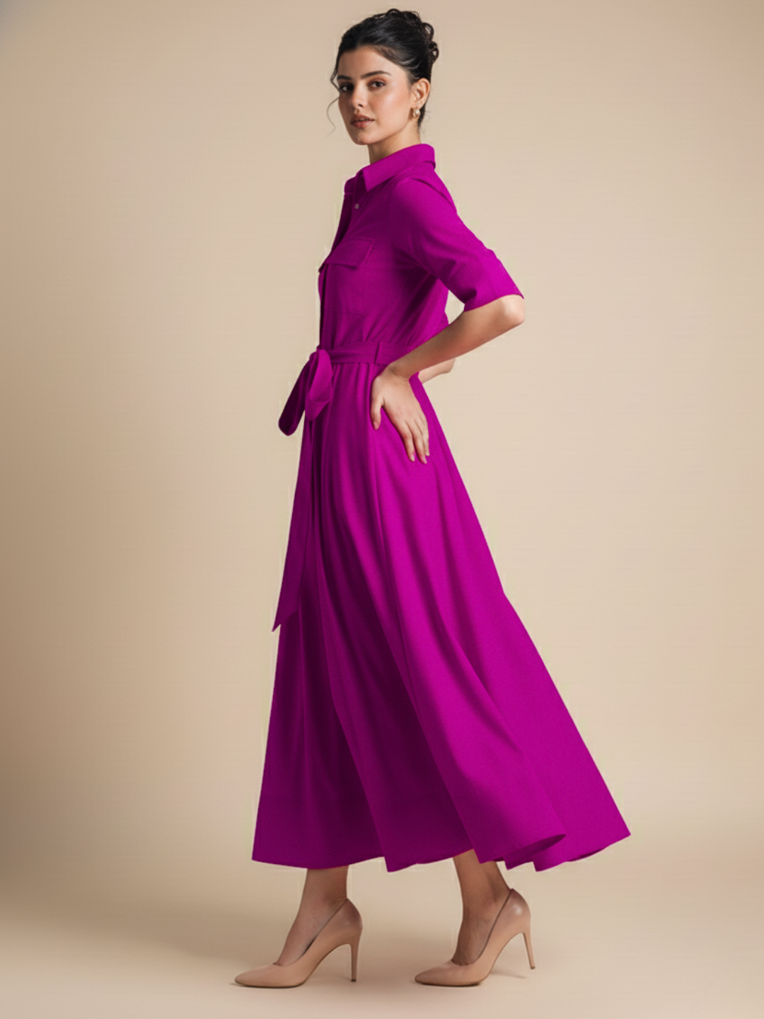 Pure Cotton Flared Shirt Dress With Belt