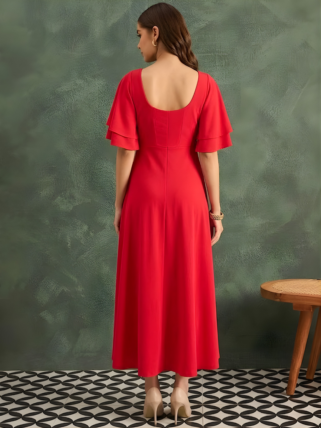 Stretchable Ruffled Sleeve Fit & Flare Dress
